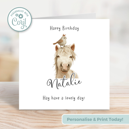 Editable Birthday Card - Cute Horse with Bird
