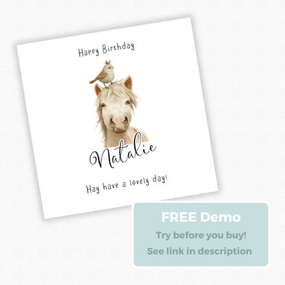 Editable Birthday Card - Cute Horse with Bird