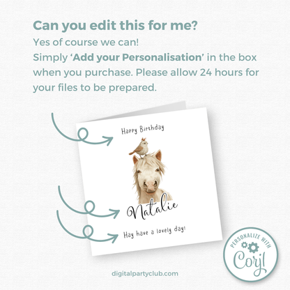 Editable Birthday Card - Cute Horse with Bird
