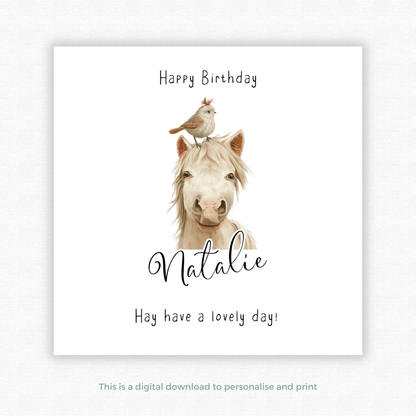 Editable Birthday Card - Cute Horse with Bird