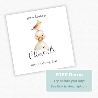 Editable Birthday Card - Duckling with Bird
