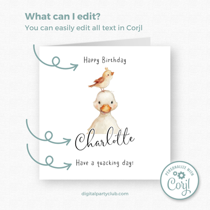 Editable Birthday Card - Duckling with Bird
