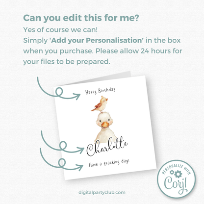 Editable Birthday Card - Duckling with Bird