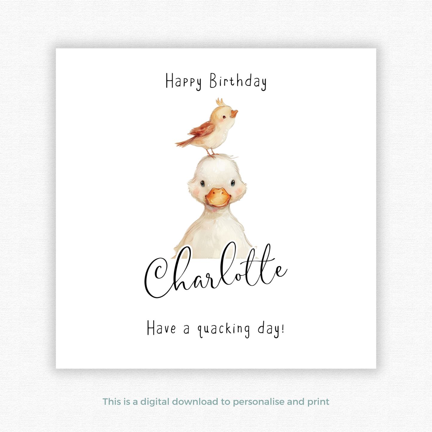 Editable Birthday Card - Duckling with Bird