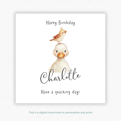 Editable Birthday Card - Duckling with Bird