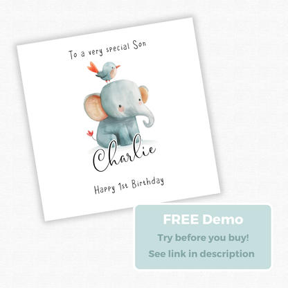 Editable Birthday Card - Baby Elephant with Bird