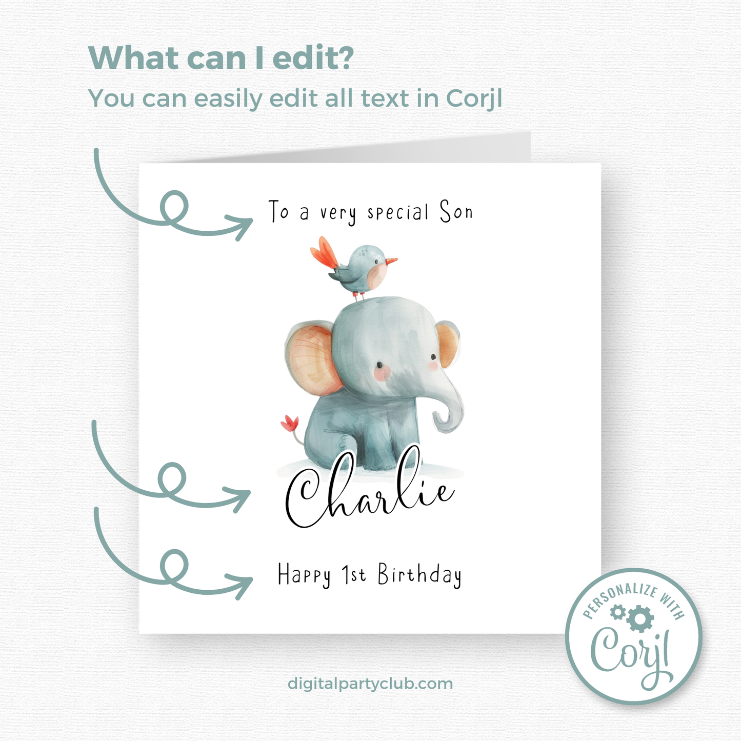 Editable Birthday Card - Baby Elephant with Bird