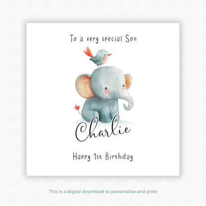 Editable Birthday Card - Baby Elephant with Bird