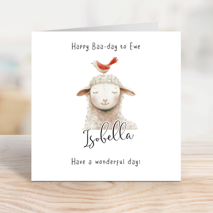 Editable Birthday Card - Sheep with Bird