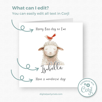 Editable Birthday Card - Sheep with Bird