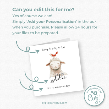 Editable Birthday Card - Sheep with Bird