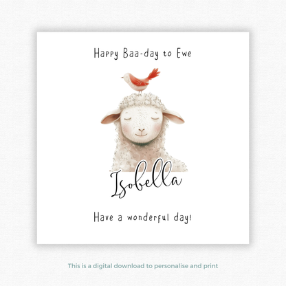 Editable Birthday Card - Sheep with Bird