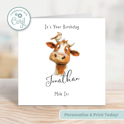 Editable Birthday Card - Cow with Bird