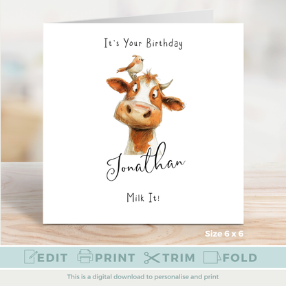 Editable Birthday Card - Cow with Bird