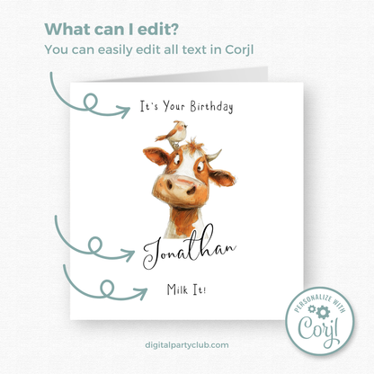 Editable Birthday Card - Cow with Bird