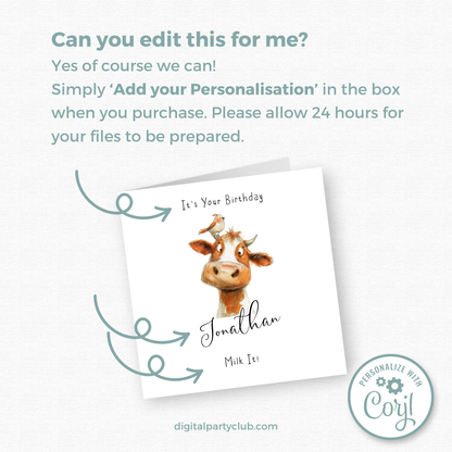 Editable Birthday Card - Cow with Bird