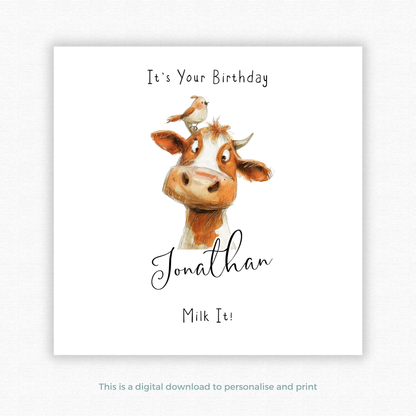 Editable Birthday Card - Cow with Bird