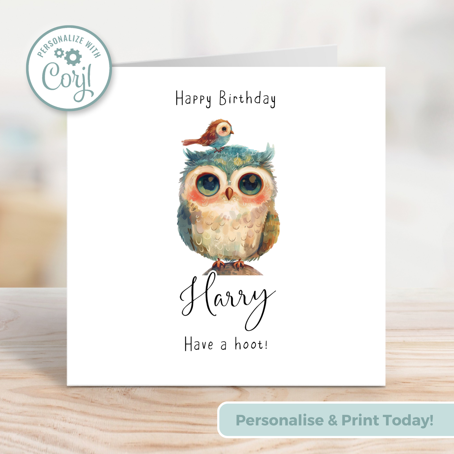 Editable Birthday Card - Owl with Bird