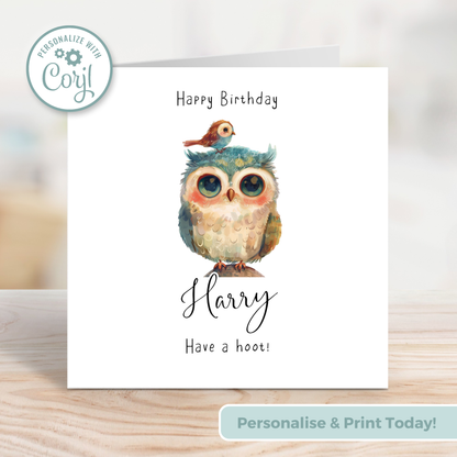 Editable Birthday Card - Owl with Bird