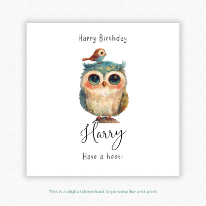 Editable Birthday Card - Owl with Bird