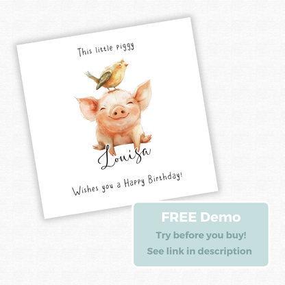 Editable Birthday Card - Pig with Bird