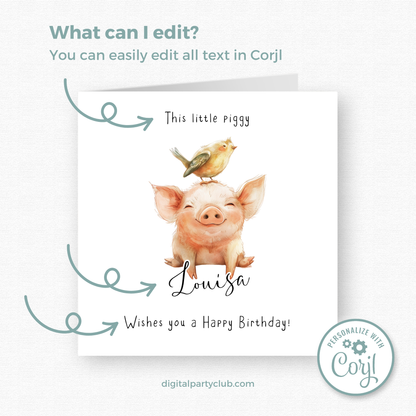 Editable Birthday Card - Pig with Bird