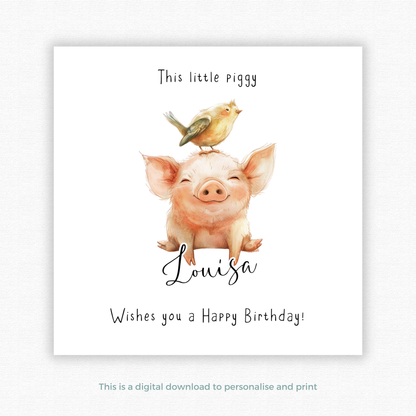 Editable Birthday Card - Pig with Bird