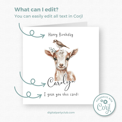 Editable Birthday Card - Goat with Bird