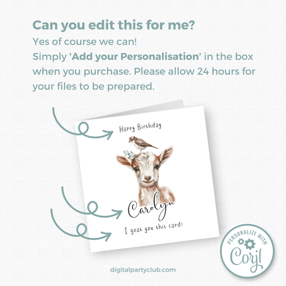 Editable Birthday Card - Goat with Bird