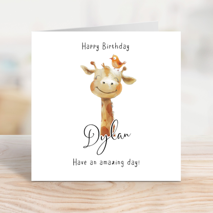 Editable Birthday Card - Giraffe with Bird