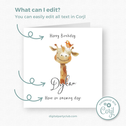 Editable Birthday Card - Giraffe with Bird