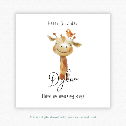 Editable Birthday Card - Giraffe with Bird