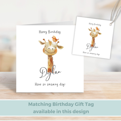 Editable Birthday Card - Giraffe with Bird
