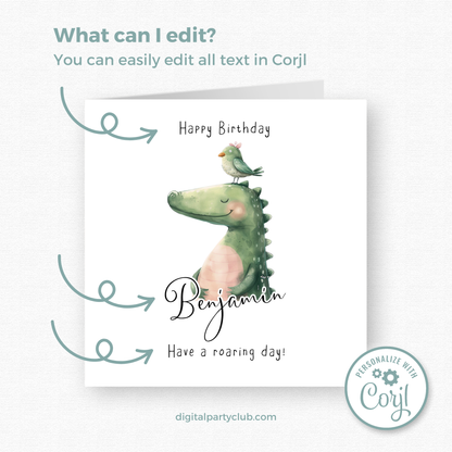 Editable Birthday Card - Dinosaur with Bird