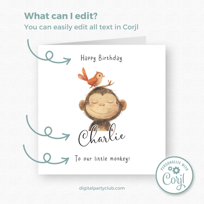 Editable Birthday Card - Monkey with Bird