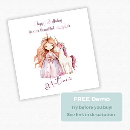 Editable Birthday Card - Princess Unicorn