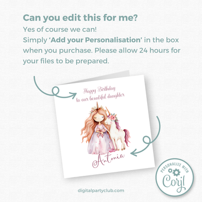 Editable Birthday Card - Princess Unicorn
