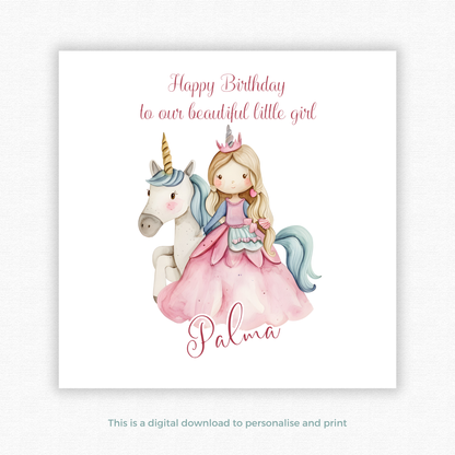 Editable Birthday Card - Princess Unicorn