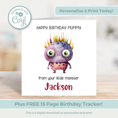 Editable Birthday Card - Mummy From Your Little Monster