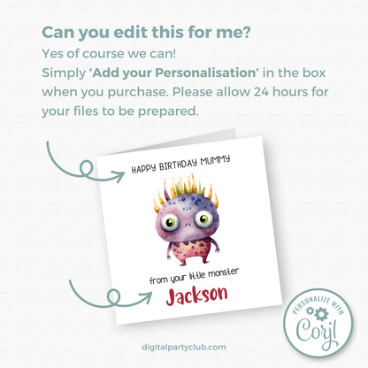 Editable Birthday Card - Mummy From Your Little Monster