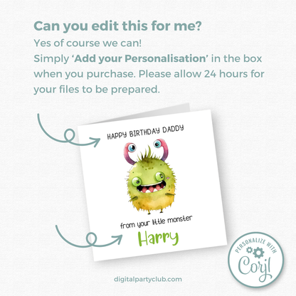 Editable Birthday Card - Daddy From Your Little Monster
