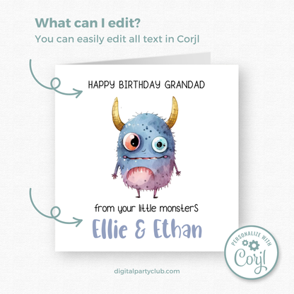 Editable Birthday Card - Grandad From Your Little Monsters