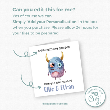Editable Birthday Card - Grandad From Your Little Monsters