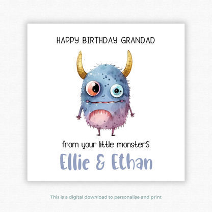 Editable Birthday Card - Grandad From Your Little Monsters