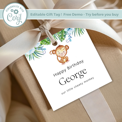 Editable Cheeky Monkey Birthday Gift Tag