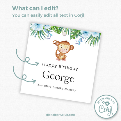 Editable Cheeky Monkey Birthday Gift Tag
