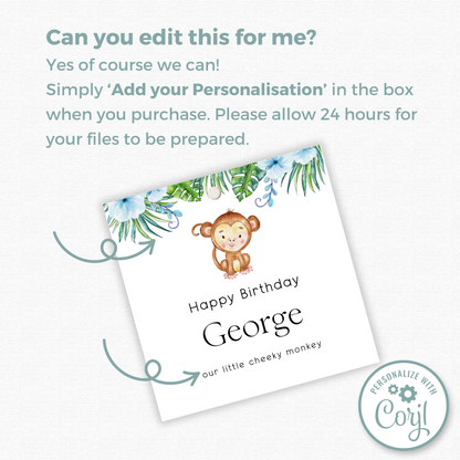 Editable Cheeky Monkey Birthday Gift Tag