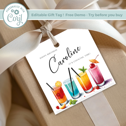 Editable Cocktail Party Birthday Gift Tag