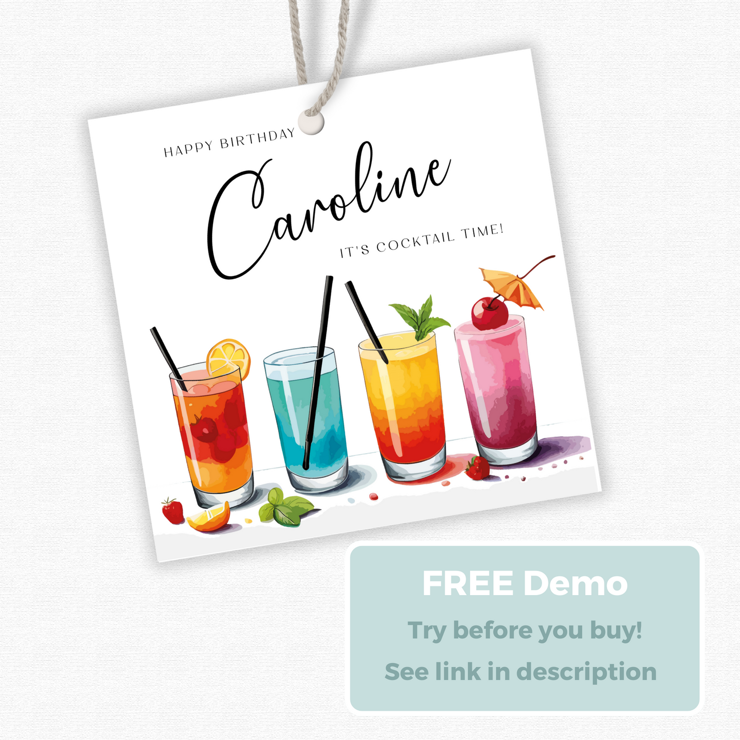 Editable Cocktail Party Birthday Gift Tag