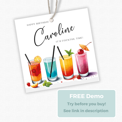 Editable Cocktail Party Birthday Gift Tag